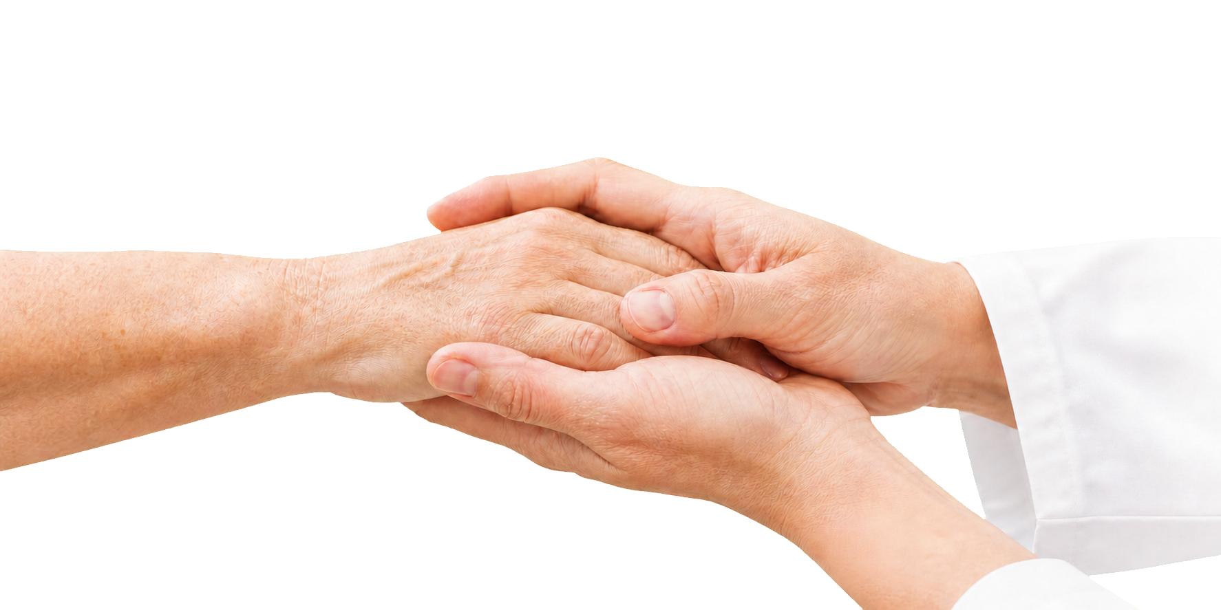 Clinician's hands holding a patient's hands in a gesture of care